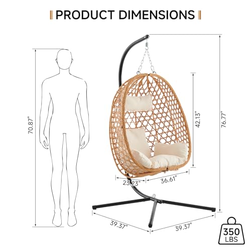 Outdoor Hanging Egg Chair, Patio Wicker Swing Chair with Stand and Cushion, Wider Basket Seating