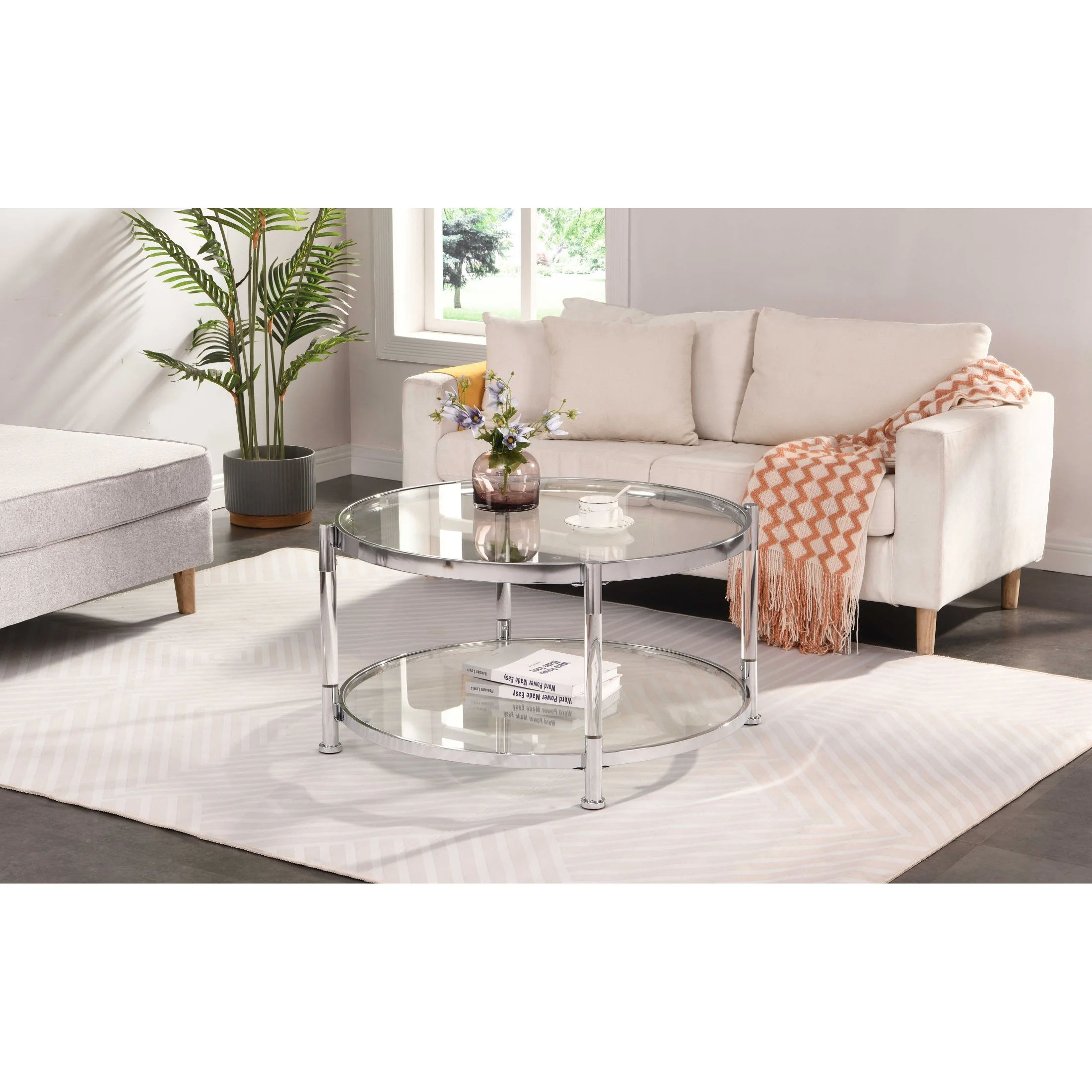 Contemporary Acrylic Coffee Table, 32.3'' Round Tempered Glass Coffee Table, Chrome/Silver Coffee Table for Living Room