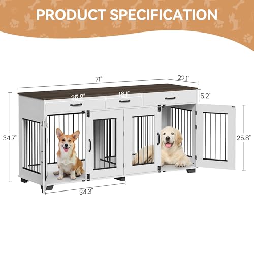 Dog Crate Furniture for 2 Dogs, 71'' XXL Indoor Dog Kennel with 3 Drawers and Removable Room Divider