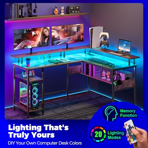 Rolanstar Computer Desk 56.7" with LED Lights and Power Outlets, Carbon Fiber Surface, Reversible L Shaped Gaming Desk with Monitor Stand