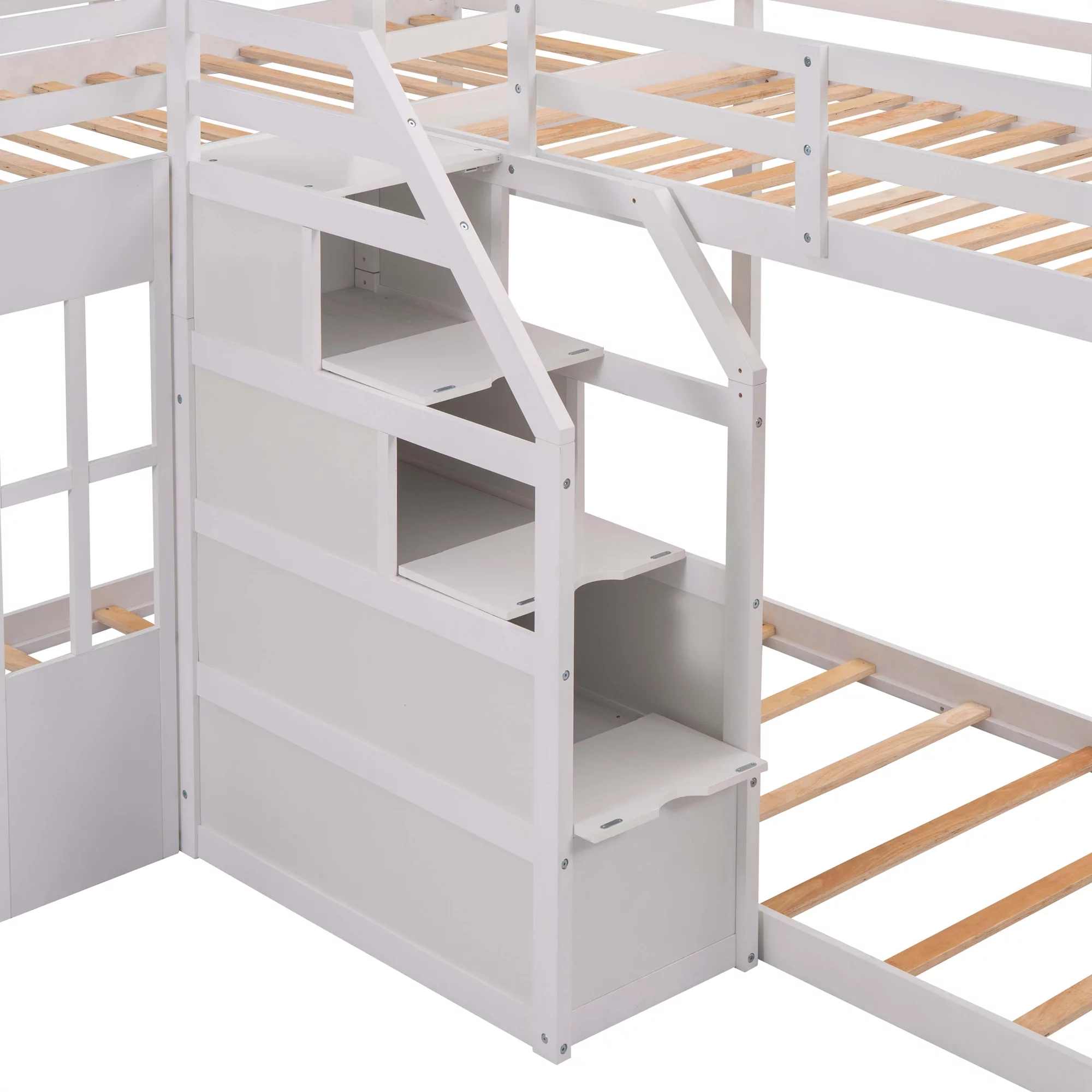 EUROCO Twin over Twin L-Shaped Bunk Bed with Middle Staircase, White - Curated Treasures Market