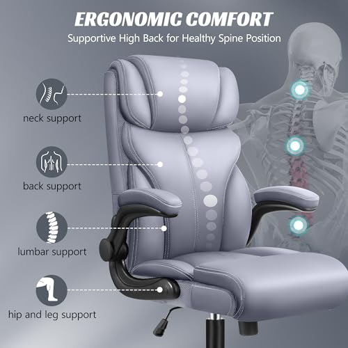 Office Chair, Ergonomic Big and Tall Computer Desk Chairs, Executive Breathable Leather Chair with Adjustable High Back Flip-up Armrests