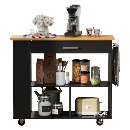 Shintenchi Rolling Kitchen Island Cart with Folding Drop Leaf Breakfast Bar, Portable Trolley Island with Large Storage Cabinet, Shelf and Drawer
