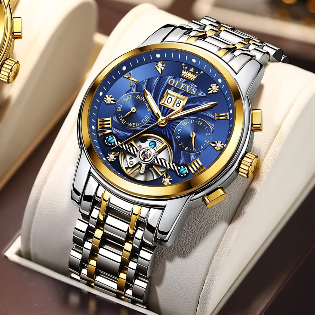 OLEVS Watch for Men Automatic Skeleton Tourbillon Mechanical Self Winding Business Luxury Dual Calendar Stainless Steel Luminous Waterproof Man Wrist