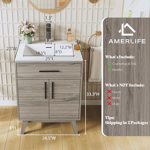 AMERLIFE 24.5" Bathroom Vanity with Sink Combo, Mid-Century Modern Small Single Bathroom Cabinet Set, Integrated Sink