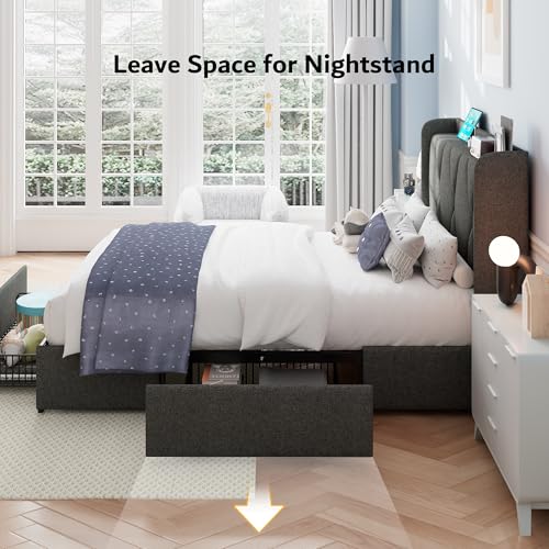 iPormis Queen Bed Frame with 4 Storage Drawers, Upholstered Platform Bed Frame with Charging Station, Modern Wingback Storage Headboard