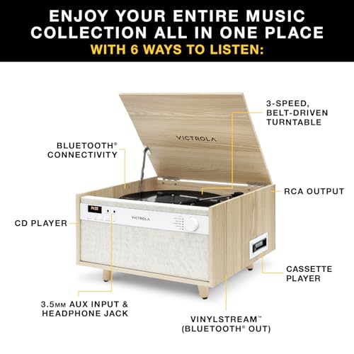 Victrola Century 6-in-1 Vinyl Record Player & Music Center &ndash; 3-Speed Turntable, CD & Cassette Player, VINYLSTREAM, Bluetooth & 3.5mm Aux