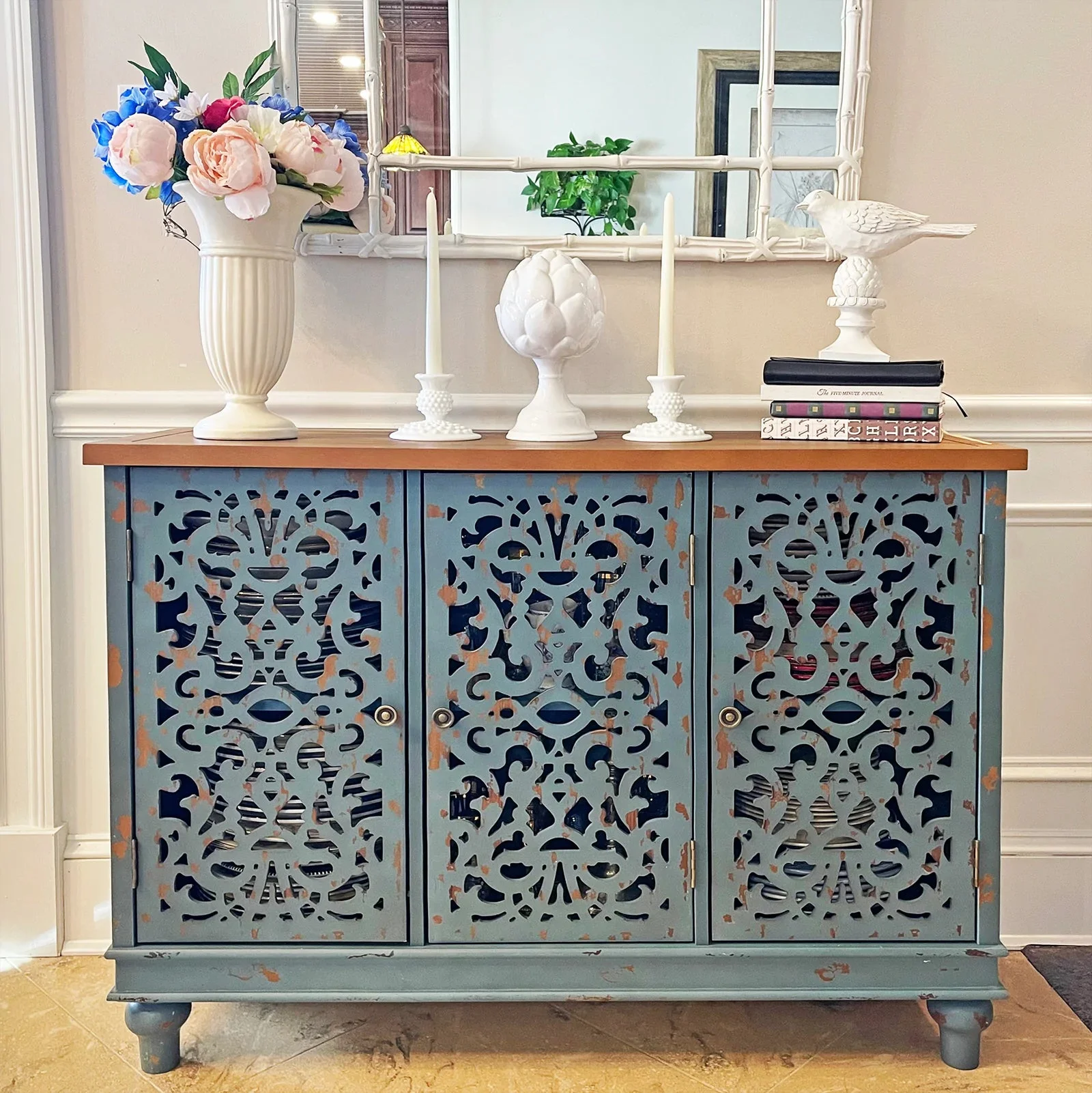 Alpha Joy 3-Door Hollow Carving Accent Cabinet for Dining Room, Living Room,Hallway-Blue