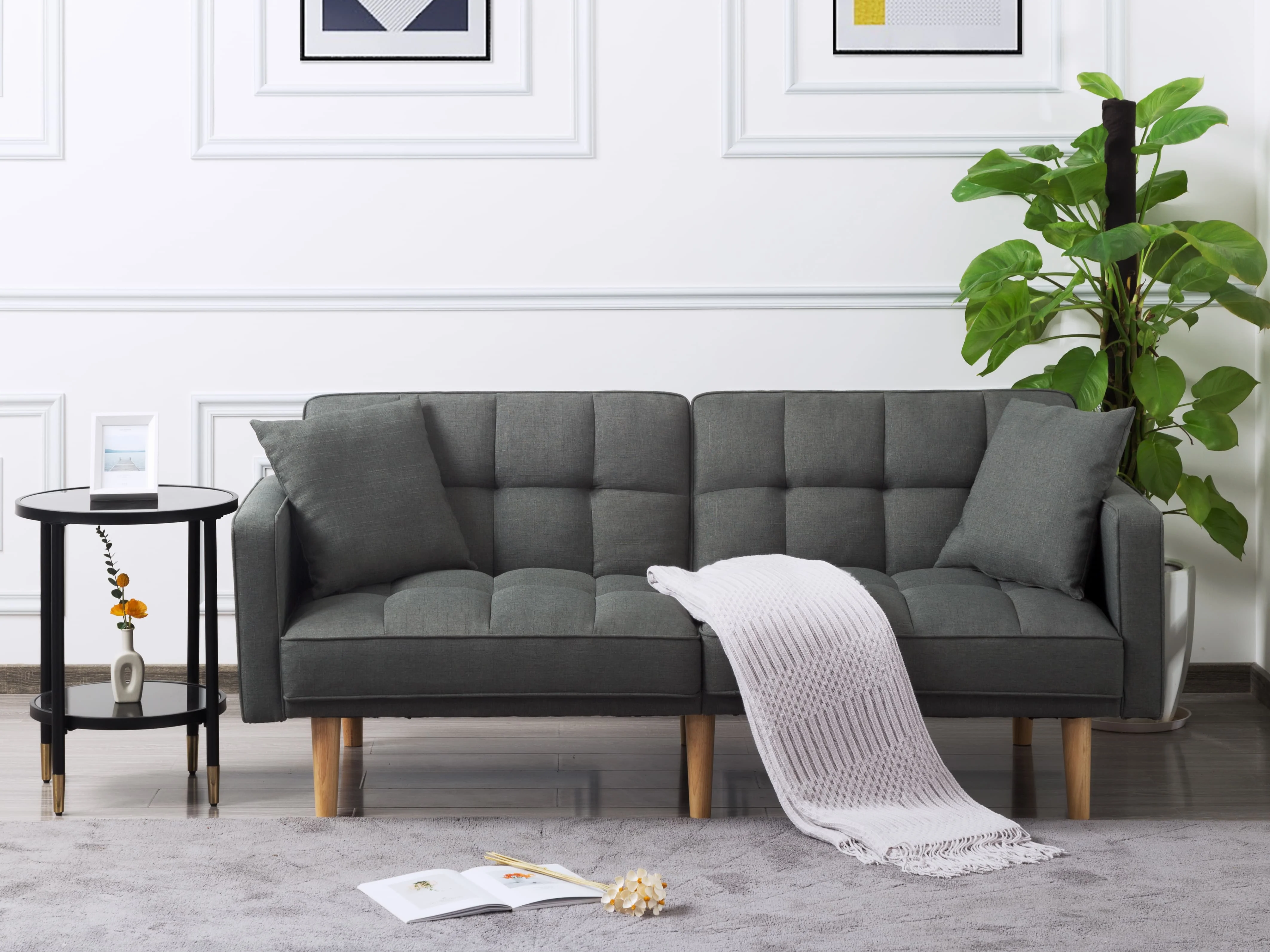 BSHTI Futon Sofa bed, Featuring a split back, square arms, and tapered wood legs