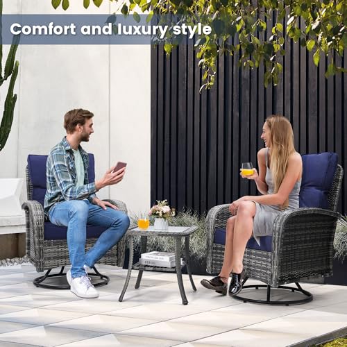 3 Piece Rattan Wicker Bistro Set, Outdoor Conversation Furniture Set with Glass Top Table, Space Saving for Balcony, Backyard, Natural