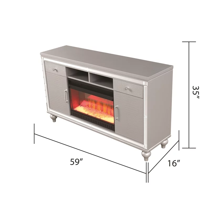 Galaxy Home Furnishings Sterling Solid Wood TV Stand With Electric Fireplace in Silver