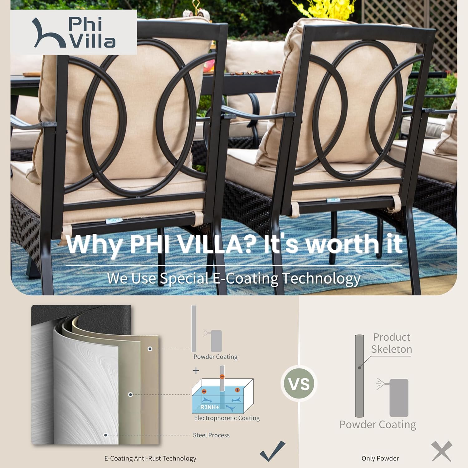 PHI VILLA Outdoor Patio Dining Table and Chairs Set, Heavy Duty 9 Piece Outdoor Dining Set for 8-8 Extra Large Outdoor Patio Chairs