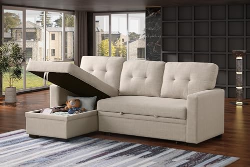 Devion Furniture Regis 4-in-1 Convertible L Shaped Couch with Pull Out Bed and Storage, Sectional Sleeper Sofa with Reversible Chaise for Living Room