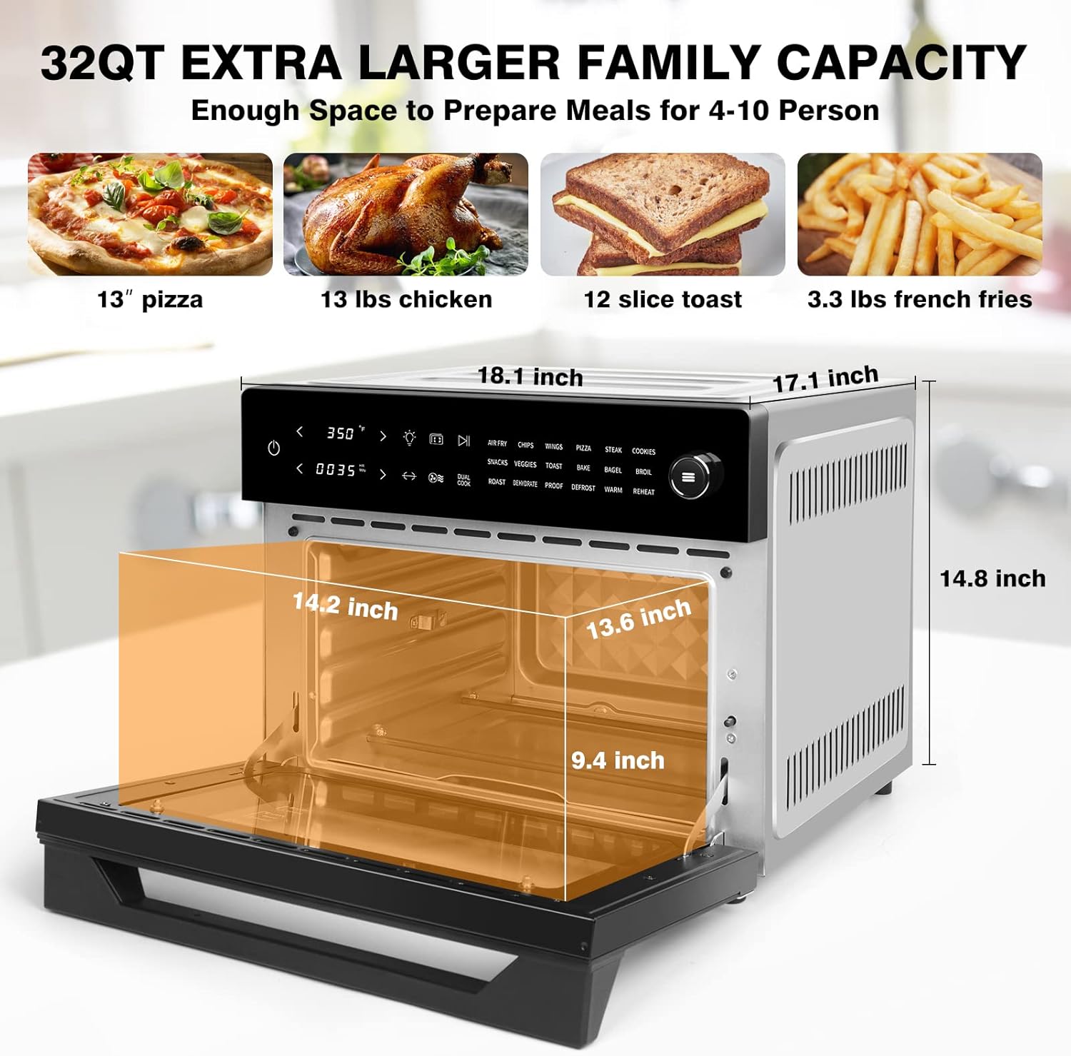 32QT Air Fryer Oven Toaster Oven Combo with Rotisserie 18-in-1 Convection Oven Countertop Digital Airfryer for Bake Broil Pizza Roast Toast Dehydrate
