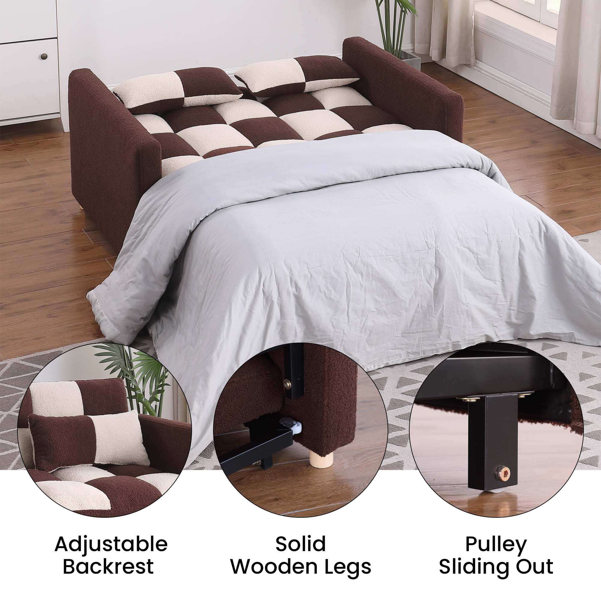 Zechuan 3 in 1 Pull Sleeper Sofa Bed, Small Teddy Convertible Futon Couch Bed with Adjustable Backrests, Modern Loveseat with 2 Pillows