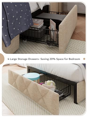 iPormis Queen Bed Frame with 4 Storage Drawers, Upholstered Platform Bed Frame with Charging Station, Modern Wingback Storage Headboard
