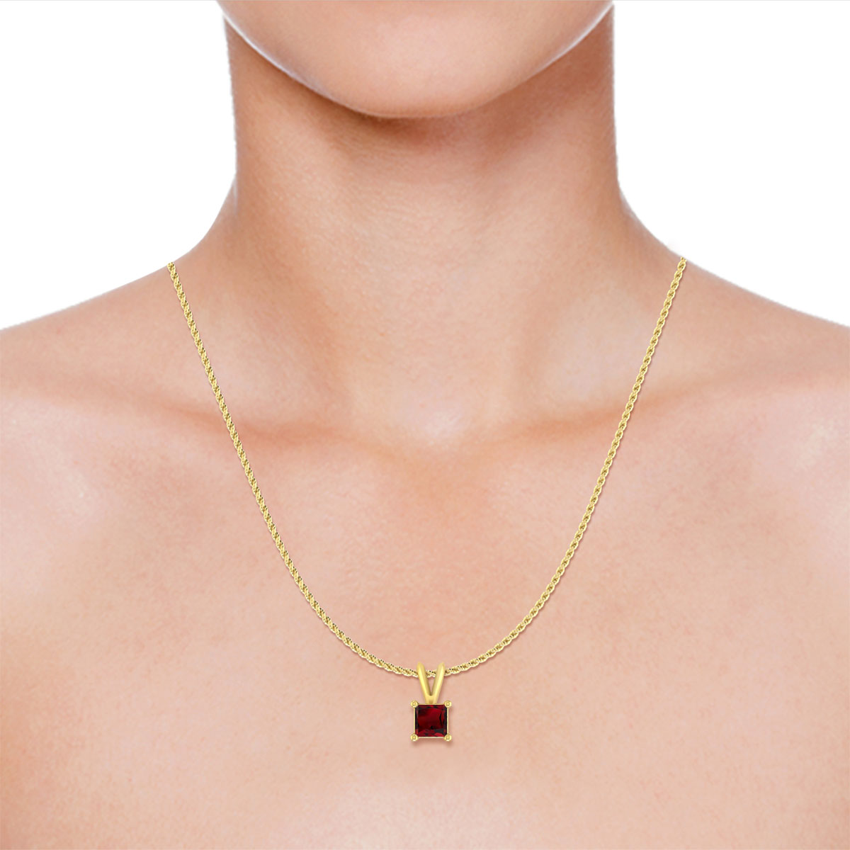 1/3 Carat Princess Shape Garnet 10K Yellow Gold V-bail Solitaire Pendant Necklace For Women ( Gemstone 4.00MM )