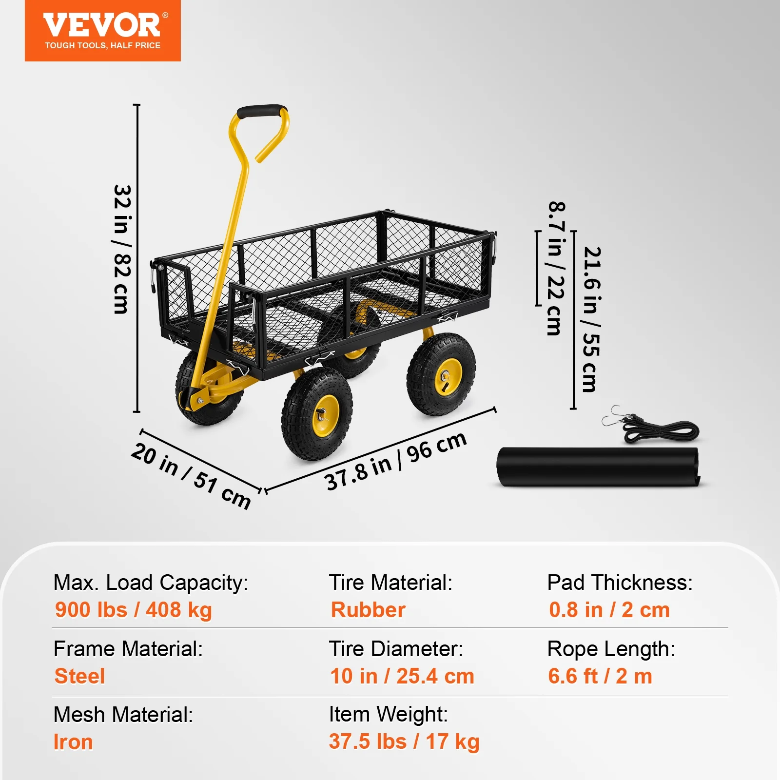 BENTISIM Steel Garden Cart, Heavy Duty 900 lbs Capacity, with Removable Mesh Sides to Convert into Flatbed
