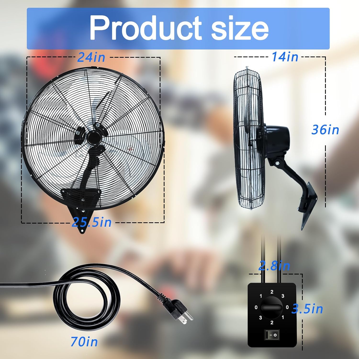 24 Inch Wall Mount Fan,Industrial Heavy Duty Oscillating Fan with 120° Oscillation