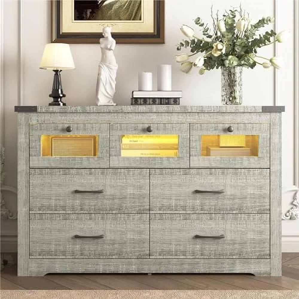 Grey Farmhouse Dresser for Bedroom 7 Drawer Dresser with LED Light  Wood  Dresser Chest of Drawers Wide TV Stand Dresser for Bedroom