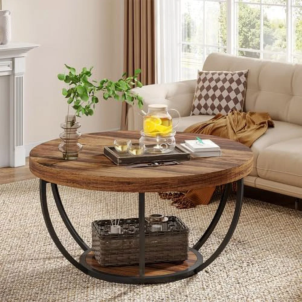 Round Coffee Table  Industrial 2-Tier Circle Coffee Table with  Shelves  JOMA 31.7"