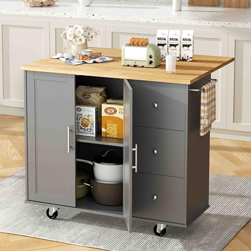 Shintenchi Rolling Kitchen Island Cart with Folding Drop Leaf Breakfast Bar, Portable Trolley Island with Large Storage Cabinet, Shelf and Drawer