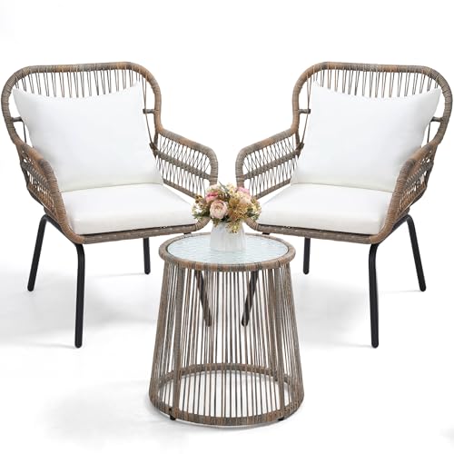 3 Piece Rattan Wicker Bistro Set, Outdoor Conversation Furniture Set with Glass Top Table, Space Saving for Balcony, Backyard, Natural