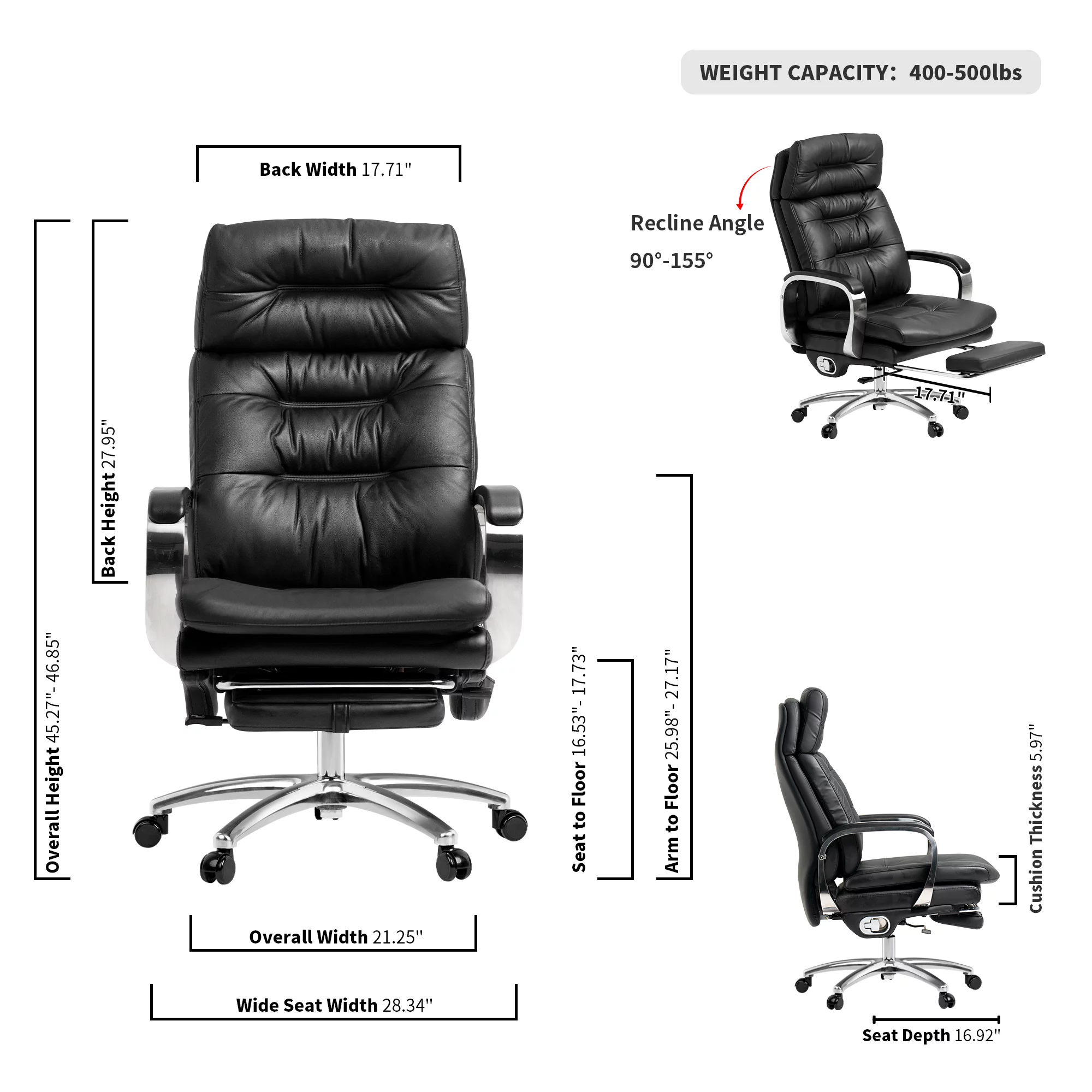 Kinnls Vane Massage Office Chair with Footrest Fully Reclining Managerial & Executive Genuine Leather Desk Task Chairs 500lbs