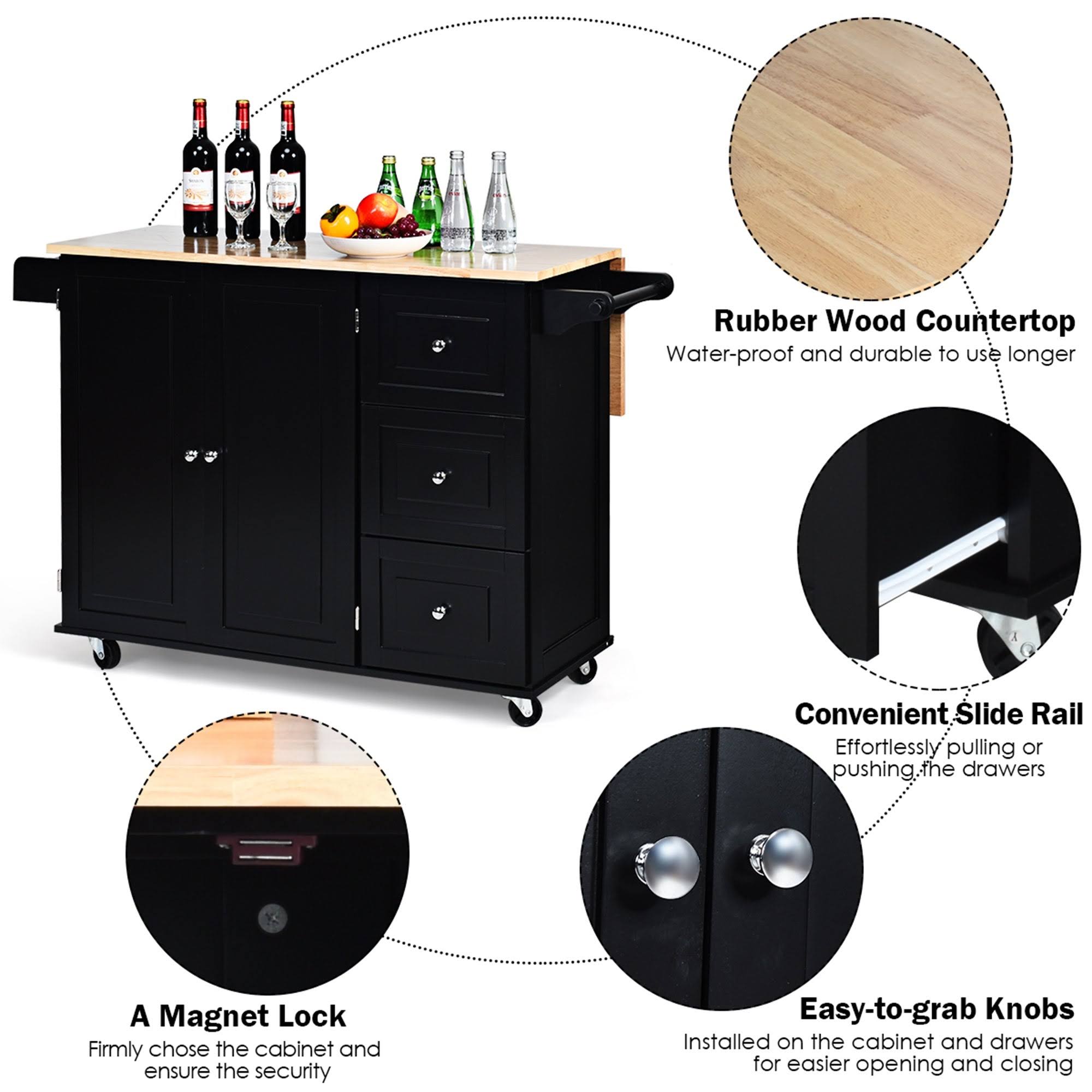Gymax Drop-Leaf Kitchen Island Trolley Cart Wood Storage Cabinet w/ - See Details - Kitchen Cart - Black
