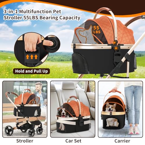 Pet Stroller 3 in 1 Folding Lightweight Dog Stroller with Detachable Carrier & Storage Basket, Premium 4 Wheels Travel for Puppies, Doggies