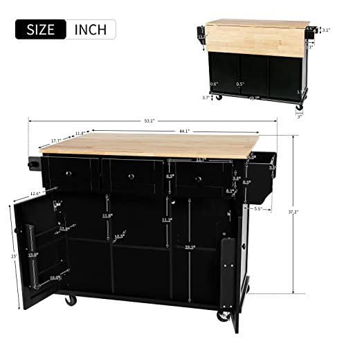 55.7'' Large Kitchen Island with 2 Drop Leaf, Rolling Kitchen Cart on 5 Wheels with Power Outlet