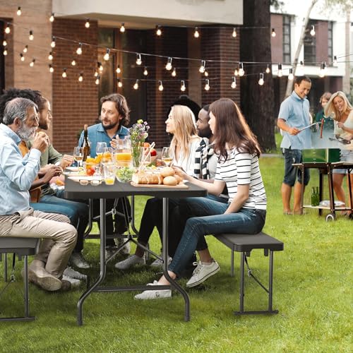 VINGLI Picnic Table Set with 2 Benches, 6 Feet Camping Table Chair Set,3-Piece Folding Furniture for Indoor or Outdoor Use, Smooth Tabletop, White