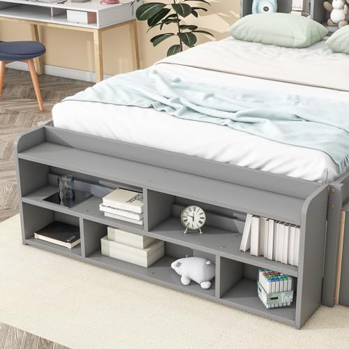 SOFTSEA Full Size Platform Bed with Storage, Platform Bed with Drawers and Bed End Case, Wood Platform Bed Frame with Storage Bookcase Headboard