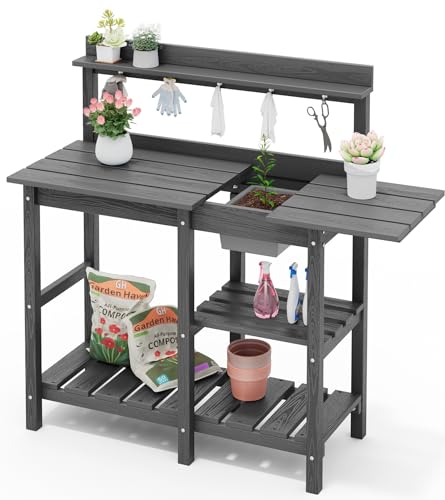 SERWALL Potting Bench Outdoor Potting Table with Sink, HDPE Potting Benches for Outside Gardening Table All Weather Use- Black