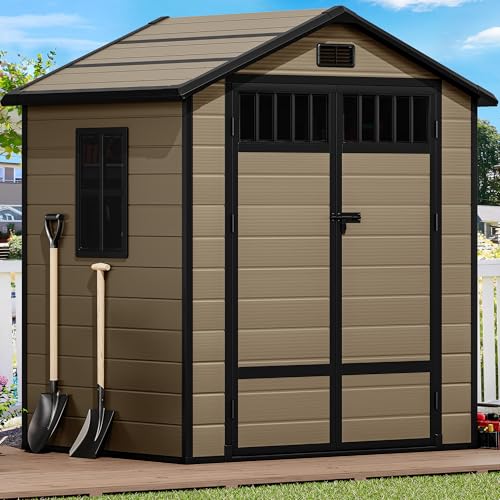 DWVO 6x4.4 FT Resin Storage Shed with Fence-Style and Side Windows, Lockable Door, and Vents for Garden, Backyard, Patio, Lawn, Brown