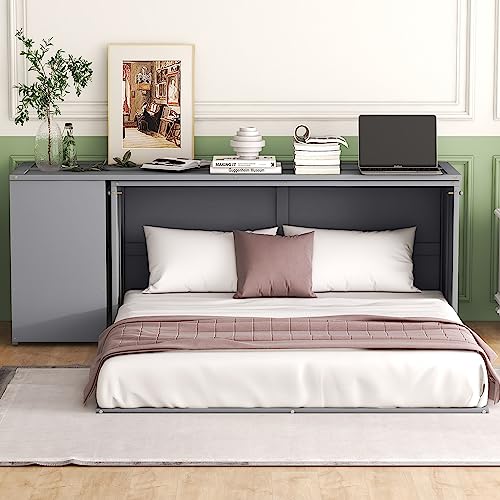 Full Size Murphy Cabinet Wall Bed With Storage and Bookcase Headboard, Solid Wood Cabinet With Shelves and USB Ports, Platform Floor for Home Office