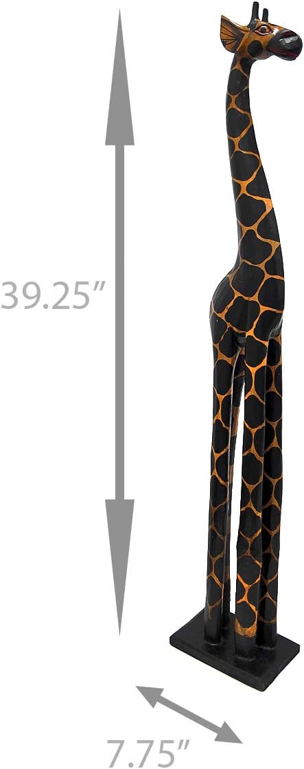 39 Inch Tall Hand-Carved Wooden Giraffe Statue Decor
