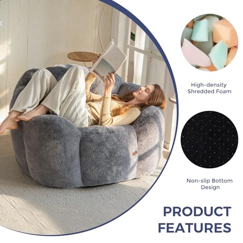 MAXYOYO Bean Bag Chair for Adults, Floral Shaped Bean Bag Sofa, Ultra Soft Faux Fur Floor Sofa, Large Reading Chair for Living Room Bedroom, Beige