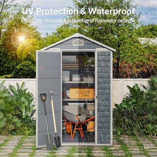 Gizoon 6x4 FT Outdoor Storage Shed with Floor, Resin Garden Tool Shed with Lockable Doors, Window, Vents, Reinforced Steel Frame