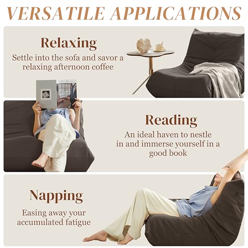 Bean Bag Chair for Adults - Suede & Microfiber Fireside Floor Chair, Comfortable Corner Lounge Sofa for Living Room, Bedroom, Office (3-Seater, Beige)