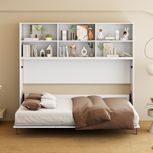 Full Size Murphy Bed Cabinet with Shelf and Drawers, Plywood Hidden Beds,Wall Bedframe for Bedroom,Space-Saving, Noise Free, White