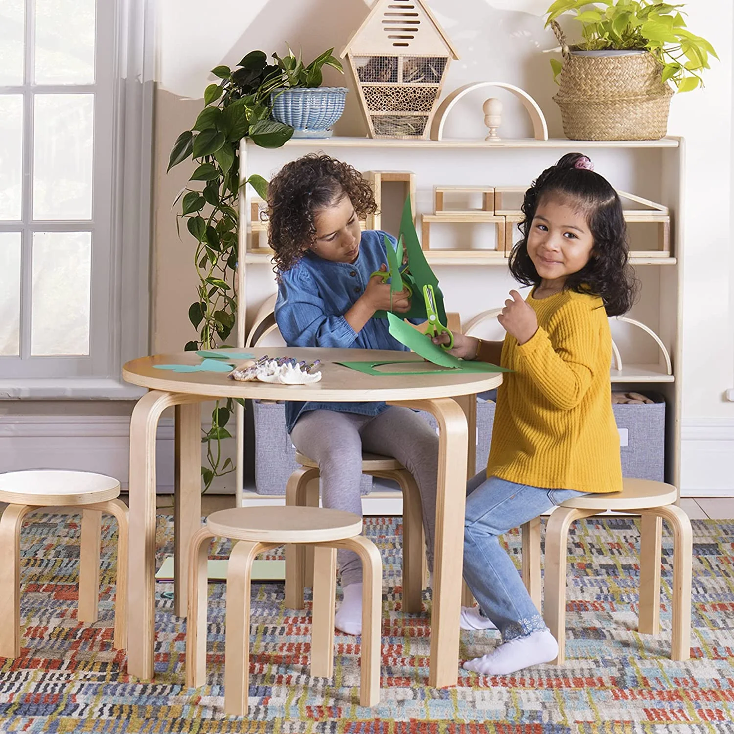 Nordic Table and Chairs Set for Kids: White - Stacking Bentwood Stools with Curved Wood Toddler Activity Table - Children's Modern Bedroom, Playroom