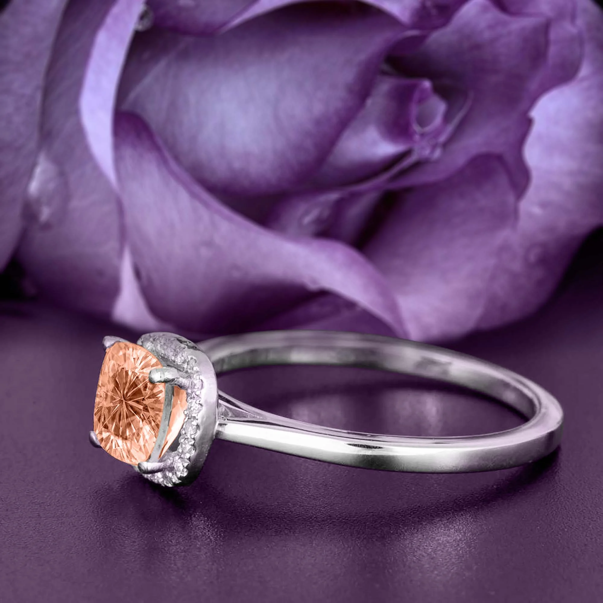 Dazzling Halo 1.55 Carat Cushion Cut Morganite And Diamond Moissanite Engagement Ring, Wedding Ring in 10k Solid White Gold Shank