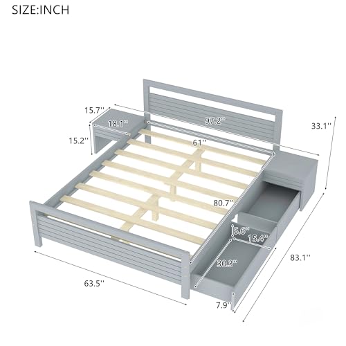 Merax Queen Size Wooden Platform Bed with 2 Storage Drawers and 2 Bedside Tables, Gray