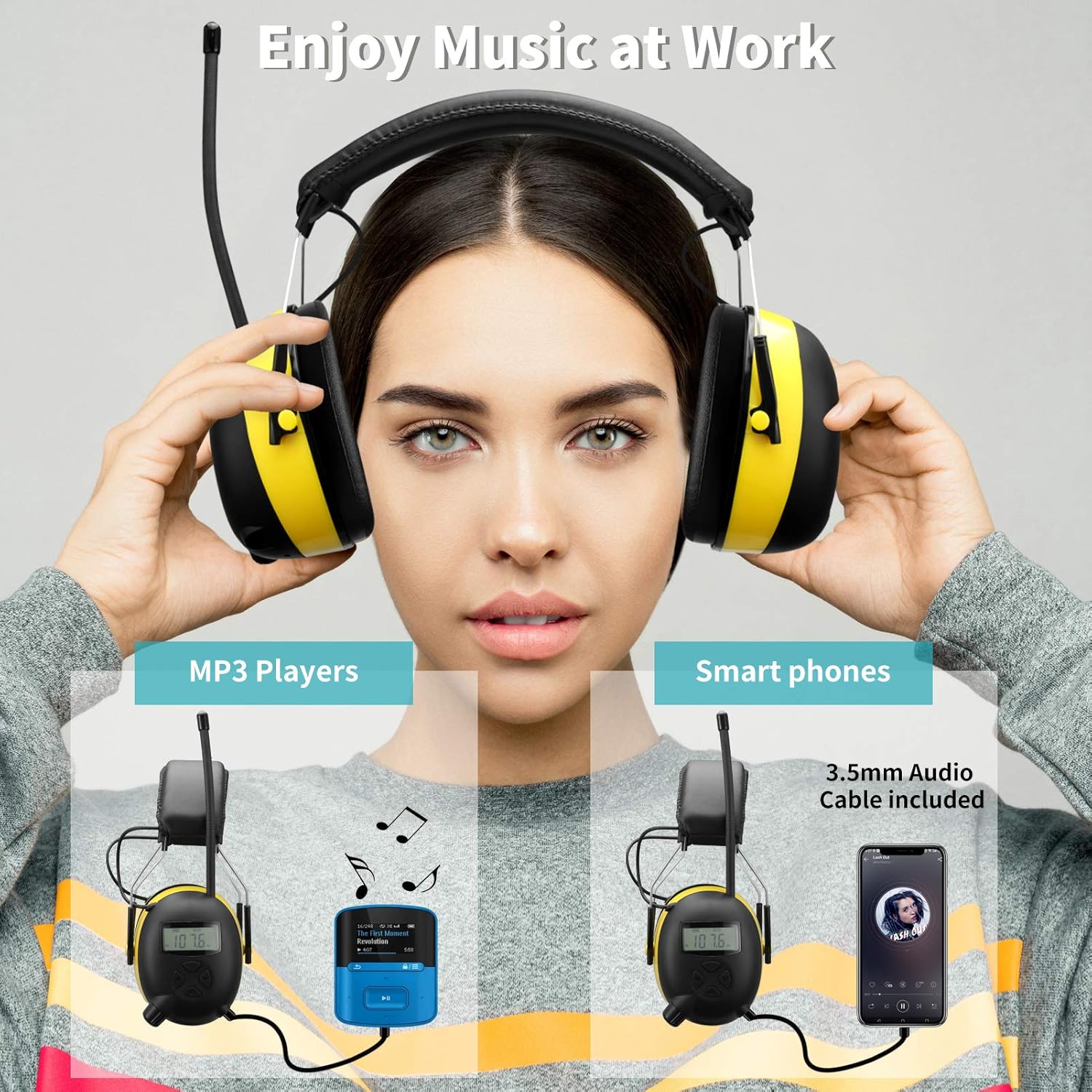 Smoostart Am/Fm Radio Hearing Protector, Noise Reduction Safety Ear Muffs, 30db Noise Cancelling Ear Protection with Digital Display for Mowing