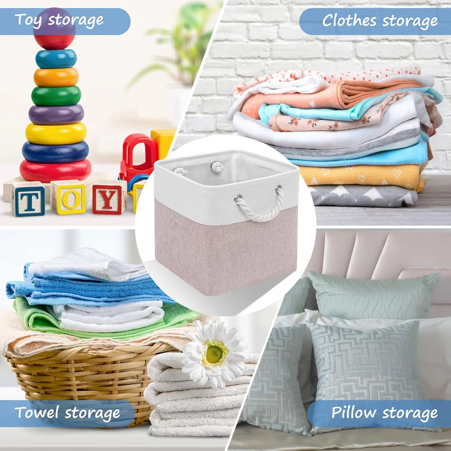 Cube Storage Bins, 6 Pack 11x11 inch with Cotton Handles for Closet, Shelves, Clothes, Toys, Towel (White/Pink)