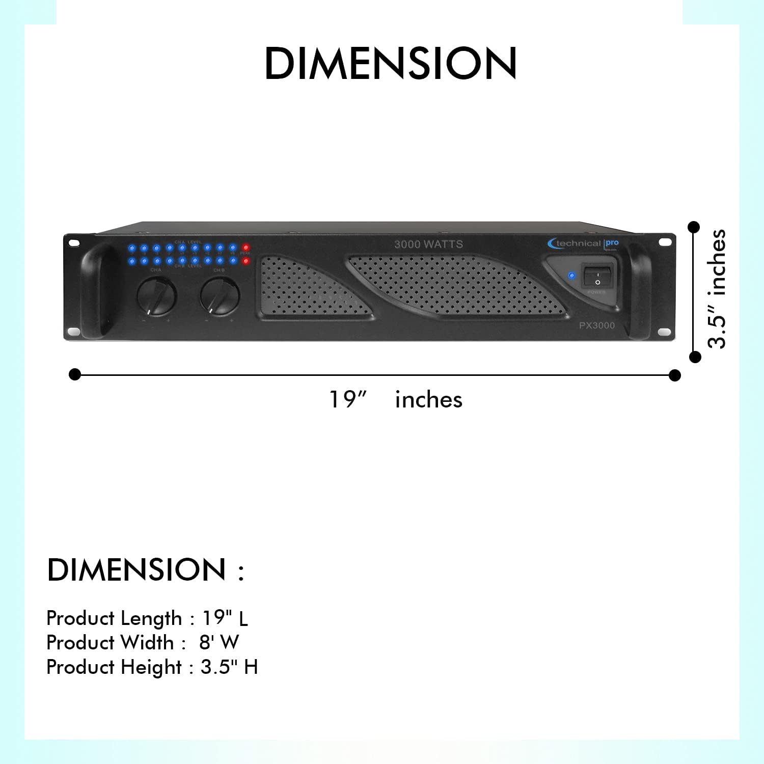 Technical Pro Professional 3000 Watts 2U 2-Channel DJ Power Amplifier with Dual Cooling Speed Fans and Integrated Power Stabilizer
