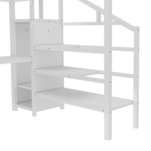 Bellemave Full Size Metal Loft Bed with L Shaped Desk and Wardrobe, Heavy Duty Loft Bed Frame with Storage Stairs