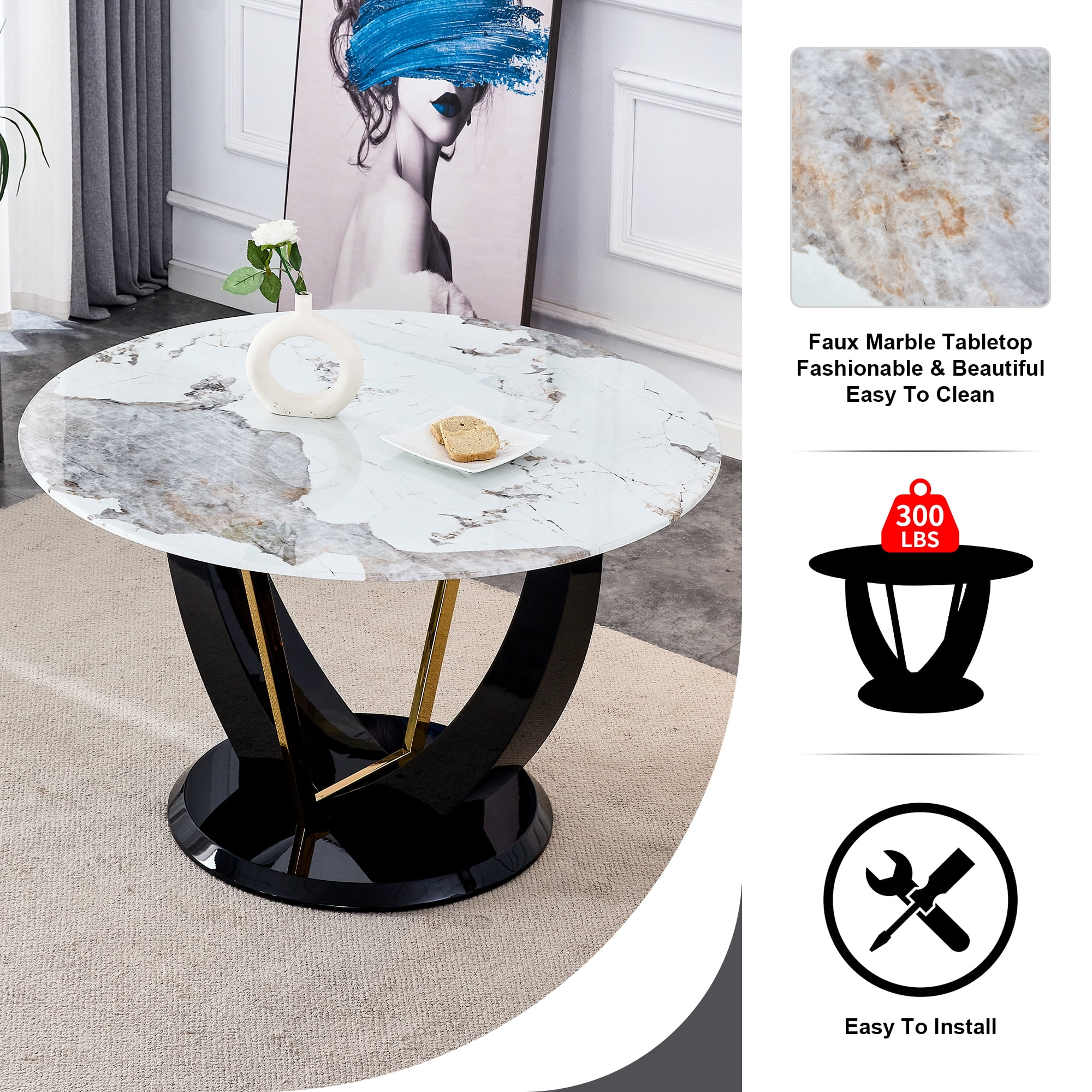 5 Piece Round Dining Table Set, Atumon Kitchen Dining Table with 4 White PU Leather Chairs, Modern Dining Room Set for 4