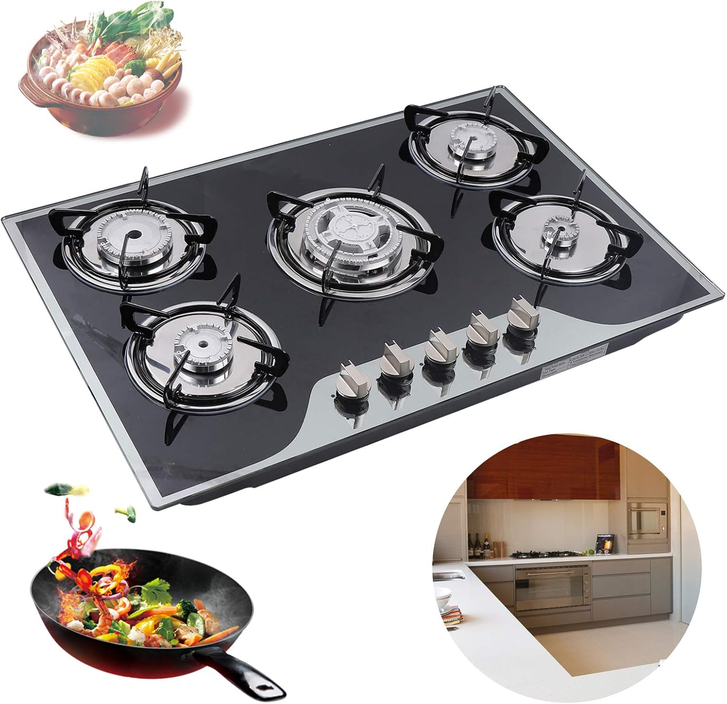 30 Inch Gas Cooktop Built-in 5 Burner Stove Stainless Steel Cooktop Tempered Glass Gas Cooktop LPG/NG Gas Cooktop 5 Burner Gas Cooker, Easy to Clean